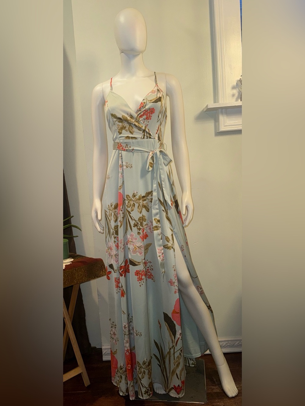 Lulu's Soft Sage Floral Belt Tie Maxi Dress with Coral Accents - Picture 4 of 14